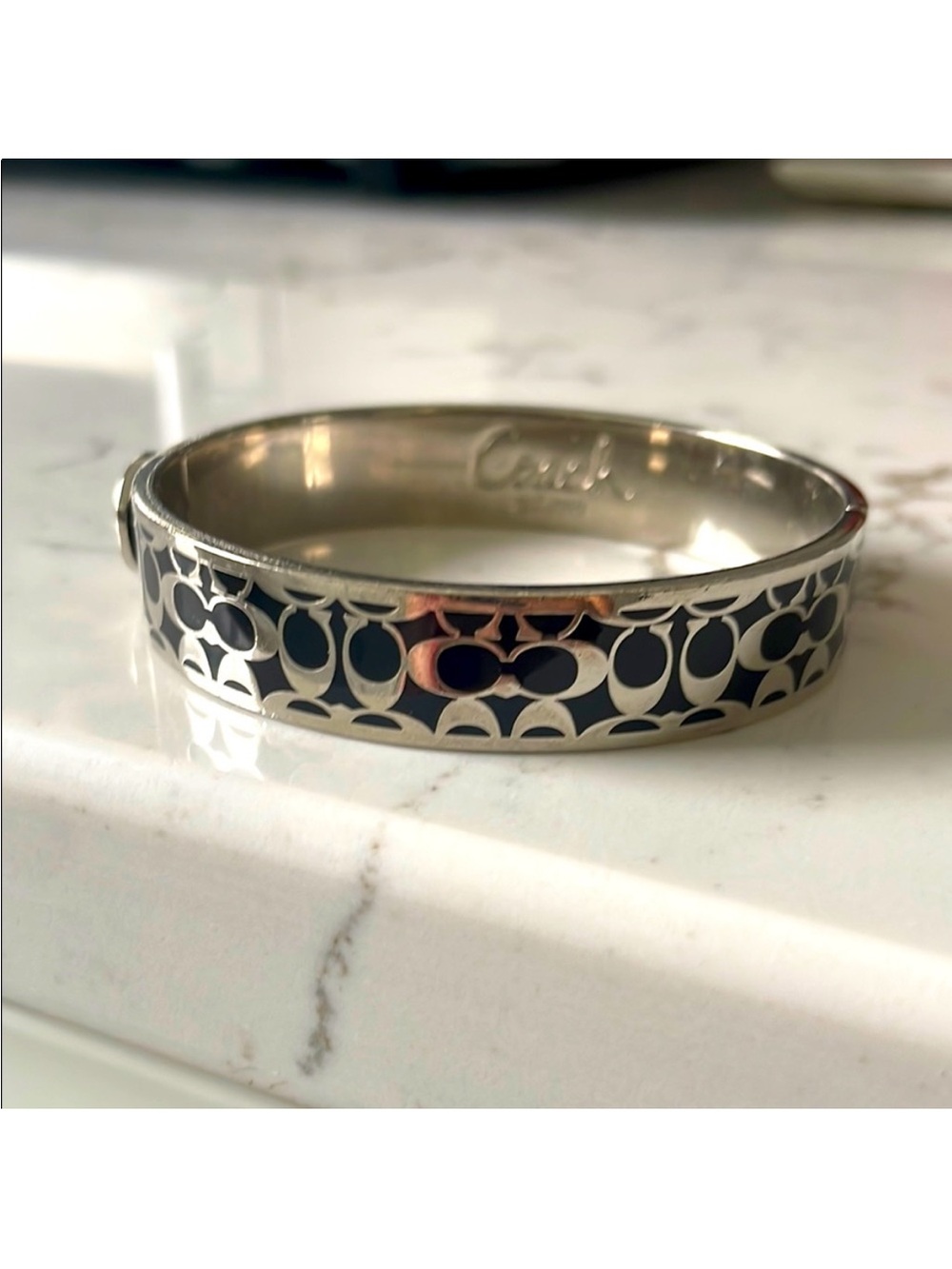 Coach Silver-Tone Bangle with Black Signature C Inlay